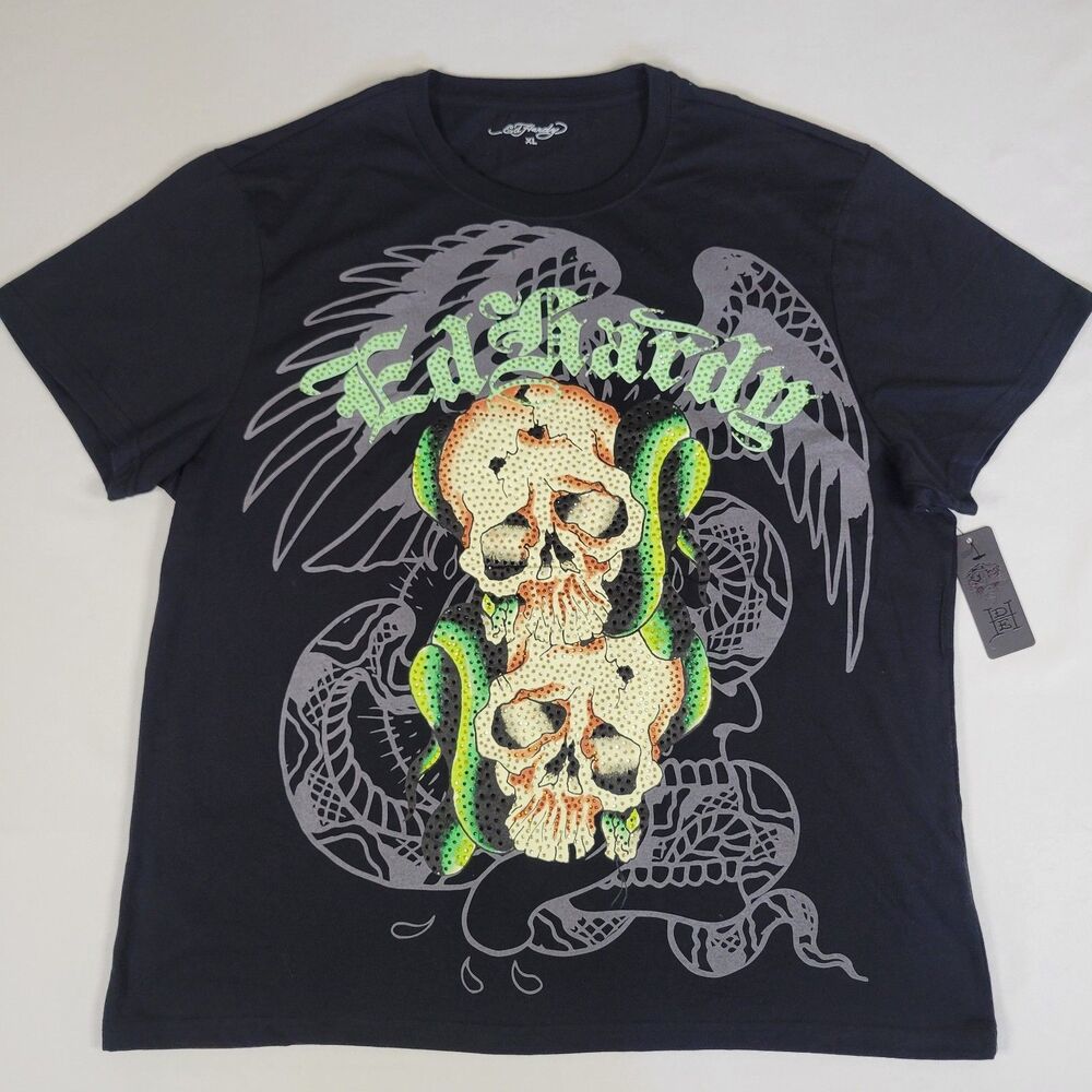Ed Hardy Mens XL Graphic Rhinestone Black T-Shirt Brown Skull Green Snake Tattoo
